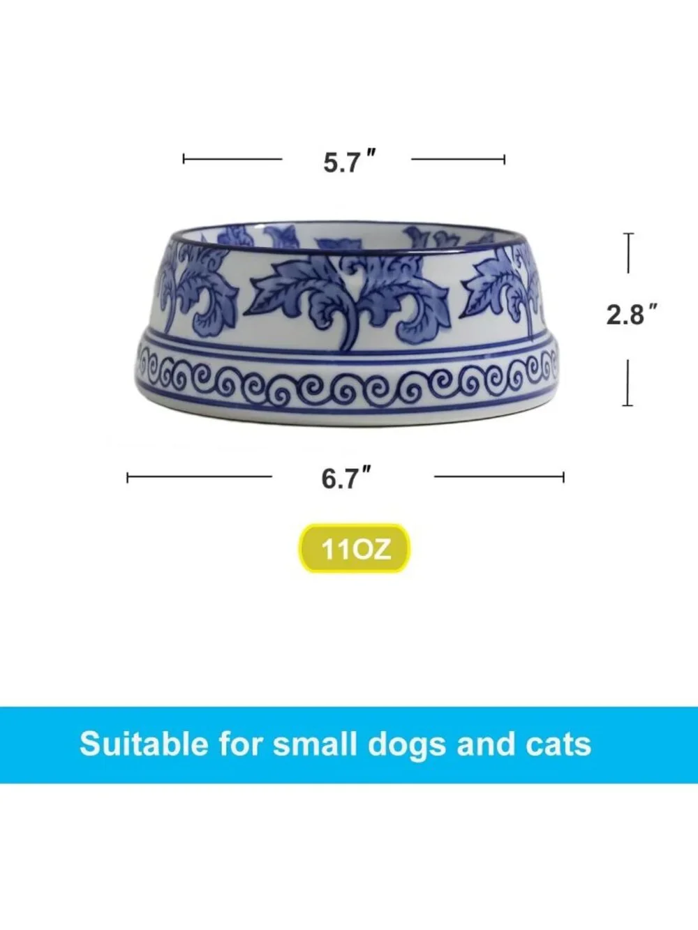 Hand-Painted Ceramic Dog Bowl - Blue & White Chinoiserie Pet Dish, 11oz Floral